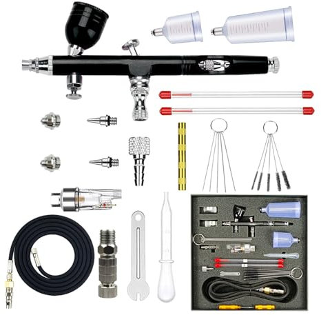 Kingbar Airbrush Set Dual-Action, Mit 0.2mm 0.3mm 0.5mm Düsen, Multifunktionale Handheld Airbrushpistole Mit Luftschlauch Und Reinigungsset, Perfekt Für Modellbau, Nailart, DIY, Black