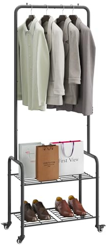 YMYNY Perchero Burro Independiente, Burro de Ropa con Ruedas, Perchero de Metal, Barra Colgante de 61CM de Ancho, con 2 Niveles, 2 Ruedas Bloqueables, para Dormitorio 61×32×176CM Negro HGR002B