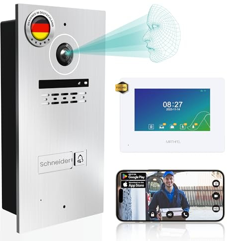 Mathfel 2-Draht Video Türsprechanlage mit Gesichtserkennung – WLAN Monitor, 2MP HD Kamera, 170° Weitwinkel, Türklingel mit Kamera & Türöffner für 1-Familienhaus (Silber, 1 x 7 Zoll)
