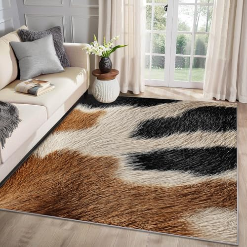 MMYAOKEN Kuhfell Teppich Wohnzimmer 120x170 Western Kuhmuster Kuhdruck Deko, Teppich Kurzflor, Weich rutschfest Waschbare Teppiche, Bettvorleger Schlafzimmer Kinderzimmer