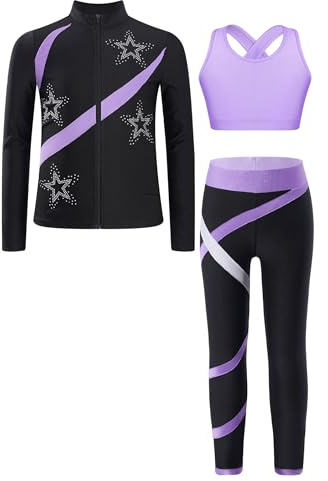 Sinleey Trainingsanzug Mädchen Sportanzug Sport Yoga Jogginganzug Jacke Trägerhemd Leggings Gym Gymnastik Outfit Eiskunstlauf Tanzen Training Kinder 5-16 Jahre