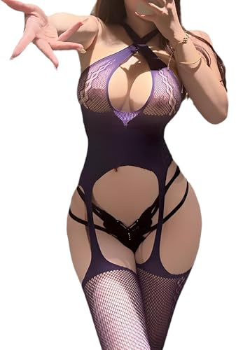 MIZSPISE Sexy Bodystocking Dessous Damen Netz (Lila, Einheitsgröße)