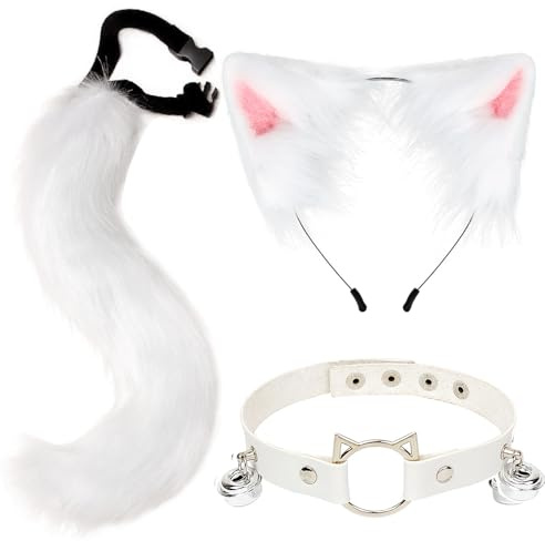 ZDQC Kunstpelz Fuchsschwanz,Katze Flauschiger Schwanz und Leder Halskette Set,Flauschige Katzenohren,Flauschige Fuchs Accessoire,Halloween Party Cosplay Kostüm Accessoire (Weiß)