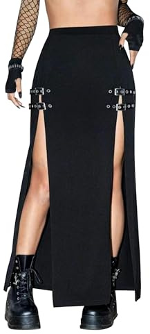 MATSUMIZUYU Black Punk Gothic Rave Maxi Skirts with Double Buckle Split for Women Long Goth High Waist Club Party Slit Skirt-XXXL