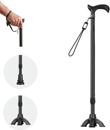 Faltbarer Aluminium Gehstock mit 2 Basen 10-stufig verstellbar 62–97cm | Zusammenklappbarer Gehstock für Senioren Erwachsene mit Doppelboden 100kg Tragkraft, ergonomischer Griff & Handgelenksband