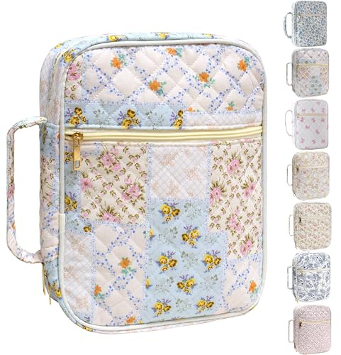 CasaRovela Bible Cover for Women, Large Quilted Case with Handle, Durable Bag and Carrying Case for Girls, Study Supplies Accessories, Christian Gift for Women (Spliced Flower, Large)