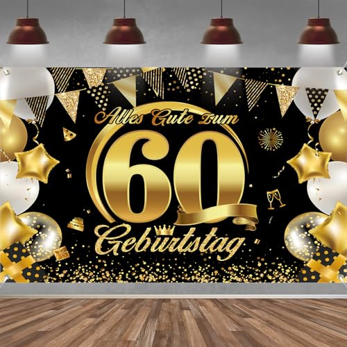 60. Geburtstag Banner Frauen Männer Deko Schwarz Gold 60 Geburtstag Hintergrund Banner, Extra Große Stoff Schild Poster für 60. Geburtstagsparty Deko, 210x150 cm