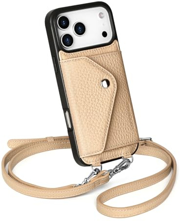 LUCKYCOIN Genuine Leather Crossbody Wallet Phone Case for iPhone 17 Pro Max | 100% Full Grain Leather, with Expandable Card Holder, with Adjustable Strap, Hands-Free Wallet Cover for Woman - Pebble Beige