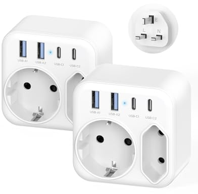 Adapter England Deutschland Stecker mit USB-C & 2 Steckdosen, 2 Stück | Reiseadapter Typ G passend für UK, Irland, Schottland, Malta, Singapur, Hongkong– Hinweis: kein Spannungswandler