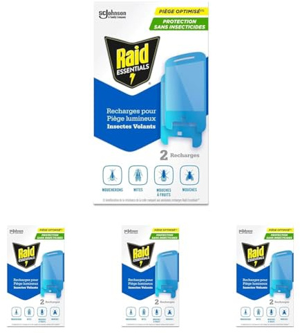Raid Essentials Recharges Piège Lumineux Anti-mouches, moucherons et mites – Protection 24h/24 – Sans insecticides, utilisable en présence d’enfants et d’animaux – Usage intérieur – 2 recharges