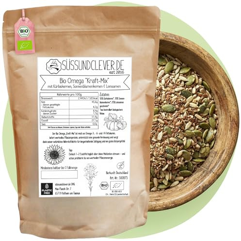 süssundclever.de® Bio Omega Kraft-Mix | 1,0 kg | mit Kürbiskernen, Sonnenblumenkernen & Leinsamen | natürliches Omega-3,6 und 9 | vegan | ohne Zuckerzusatz | ökologisch-nachhaltig abgepackt
