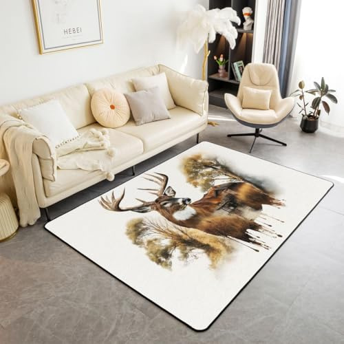 Erosebridal Deer Area Rug 4'11 x 3'3 Cabin Living Room Rugs Dock Trees Reed Wild Animal Print Decorative Carpet River Antlers Elk Animals Theme Indoor Floor Mat