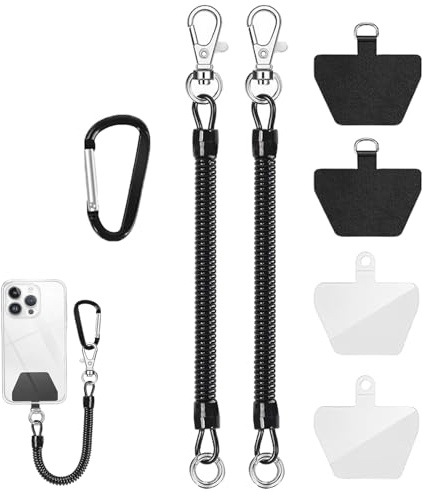2 Pack Phone Lanyard, Anti Theft Phone Lanyard, Outdoor Anti-Theft and Anti-Loss Elastic Lanyard, Comes with A Carabiner and 4 Patches, Compatible with Iphone and Most Mobile Phone(Black + White)