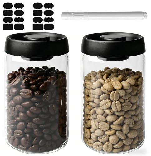 Aicharynic Lata de café de 1,2 L, hermética, 2 recipientes al vacío de cristal con tapa negra y botón dorado, recipiente de almacenamiento de café, recipiente de café al vacío para granos de café, té