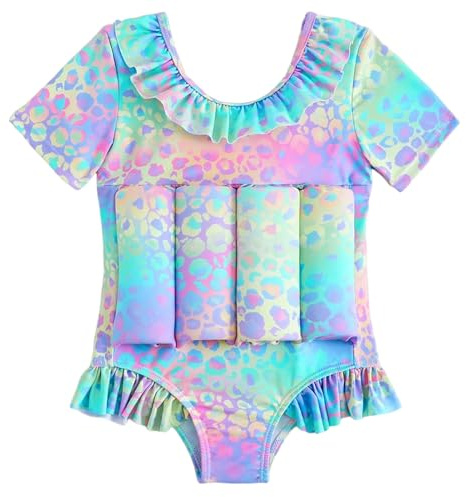 IDOPIP Toddler Floatation Swimsuit with Floaties Built-in 8 Buoyancy Floating Swimwear One Piece Bathing Suit for Boys Girls Baby Float Suit Infant Float Swim Vest Dress Rainbow Leopard 6-9 Months