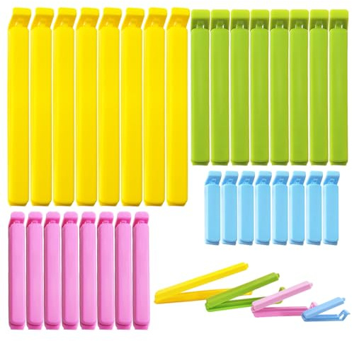 YINKIGI 32 Pcs Bag Clips for Food Storage, Reusable Plastic Food Bag Clips | 4 Assorted Sizes and Colours, Food Clips for Freezer, Snacks, Crisps, Coffee, Cereal, Sandwich and General Kitchen Storage