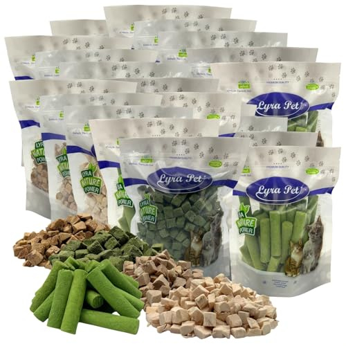 Lyra Pet® 5 kg (25 x 200 g) Katzensnack Mix gefriergetrocknet 5 Sorten | 5 Sorten mit Huhn, Ente & Katzengras - deal auch für Kitten & Senioren - Getreidefrei & proteinreich - Belohnung für Katzen