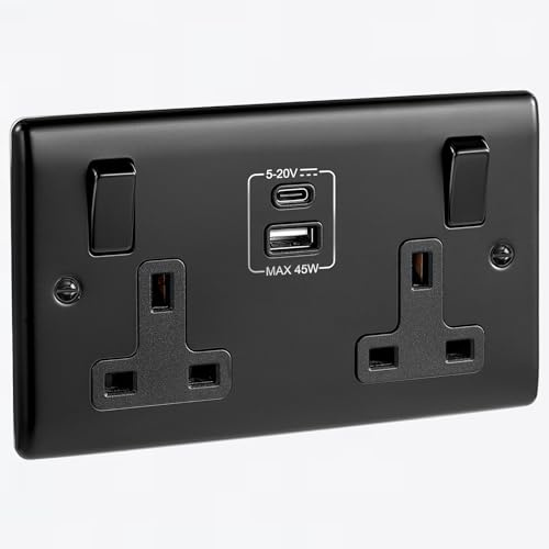 SURAIELEC Metal Black Double Plug Socket with 45W PD USB C, 2 Gang 13A | 45W PD fast charging, 2 gang 13A switched wall socket, child safe, fits 25mm back box, matte black finish