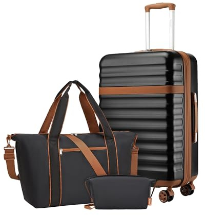 KONO Reisekoffer Set 3-teilig, Erweiterbar Hartschalenkoffer Mittelgroß mit 4 Rollen und TSA Schloss, leichte ABS+PC Trolley inkl Reisetasche und Kulturbeutel, ideal für Geschäftsreise, Schwarz/Braun