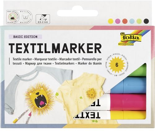 folia 580 - Textilmarker BASIC EDITION, 6 Stück Textilstifte mit Rundspitze in 6 Farben, Strichstärke 0,5 - 2 mm, waschmaschinenfest