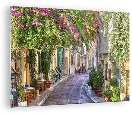 Bilder auf Glas Straße dekoration blumen griechenland Glasbild 70x50cm Wandbilder Dekoration Wohnzimmer Schlafzimmer Küche Deko Klein Wanddeko Bild im Glas Wand Kunstdruck Art Modern GAA70x50-2429