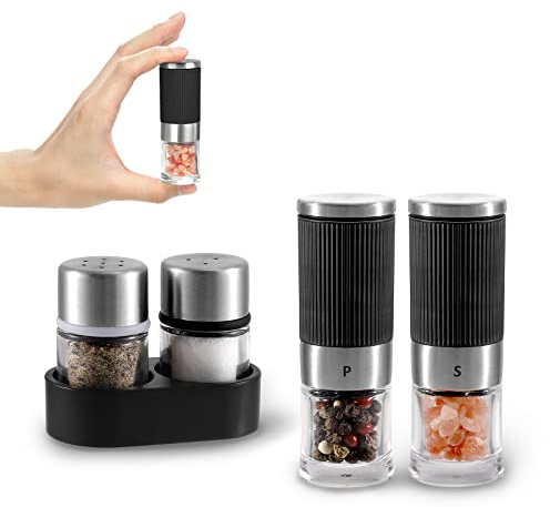 VEVOK CHEF Mini Salt and Pepper Grinder set with 2 Small Salt and Pepper Shakers Portable Cute Tiny Spice Grinder Pepper Mill Salt Grinder for Travel, Work, Camping, Party, School, Lunch Box