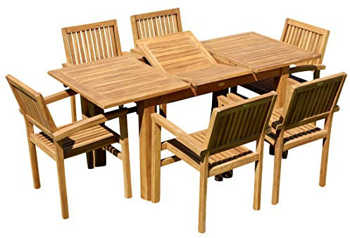 ALEOS. Teak Set Gartengarnitur Gartenset Sitzgruppe Gartentisch Bigfuss 130-180x80 cm + 6 Stapelsessel Miami Teakholz Gartenmöbelset Esstischgruppe Sessel stapelbar Ausziehtisch
