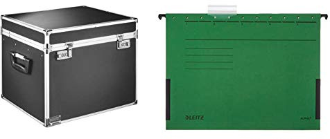 Leitz 67140095 Hängeablage-Box, Aluminium, schwarz & 19863055 Hängetasche Alpha, seitlich mit Fröschen, Colorspankarton, 5 Stück, grün