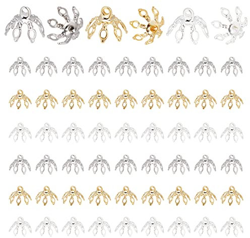 PandaHall Flower Bead Cap, 60 Stück 3 Farben Messing Glocke Perlenkappe Bails End Charm Caps Mit 7 Schleifen Filigrane Zacken Spacer Perlen Für Ohrringe Armbänder Halsketten Schmuck DIY Handwerk