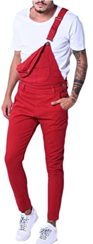 Onsoyours Salopette Jeans Homme Grande Taille Skinny Vintage De Travail Salopette De Travail Pas Cher Pantalon en Denim Jeans à Bretelles Jumpsuit Streetwear E Rouge S
