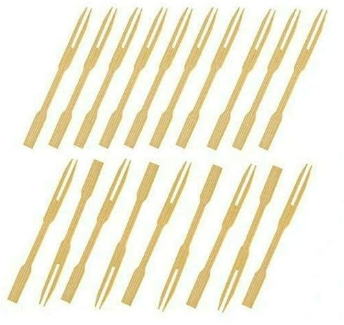 TRTO 9cm Mini Food Fruit Picks Forks Two Prongs BBQ Bamboo Fruit Skewers