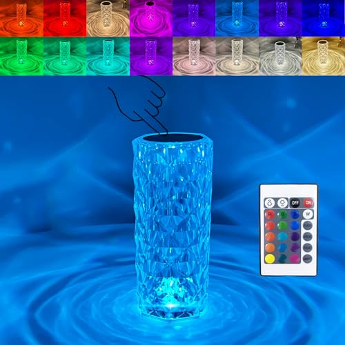 Lámpara de mesa de cristal de 16 colores de cambio de control táctil lámpara de noche con puerto USB, luz de noche LED rosa romántica con mando a distancia para dormitorio, sala de estar, fiesta