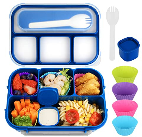 MaMix Bento Box for Kids, Lunch Box Kids, Lunch Containers for Adults,4 Compartment Leak-Proof with Sauce Snack Pot Cutlery (Bright Blue)