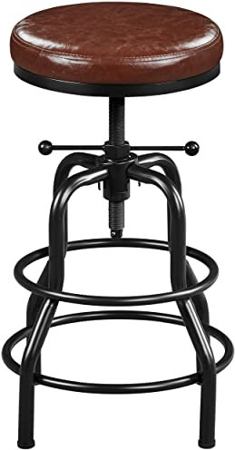 Yaheetech Vintage Barhocker Höhenverstellbarer Schraubhocker Barstuhl mit Dickem Kissen Montagefreie Hocker aus Kunstleder fürs Esszimmer/Küche/Bar/Salon/Café, braun