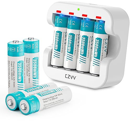 czvv Batterie Ricaricabili AA Lithium 1,5V - Alta Capacità 3500mWh Pile 8 Pezzi con Caricatore 4 Slot Intelligente Caricabatterie Ricarica Rapida 2H, 1500 Cicli, Durata Ultra Lunga 10 Anni