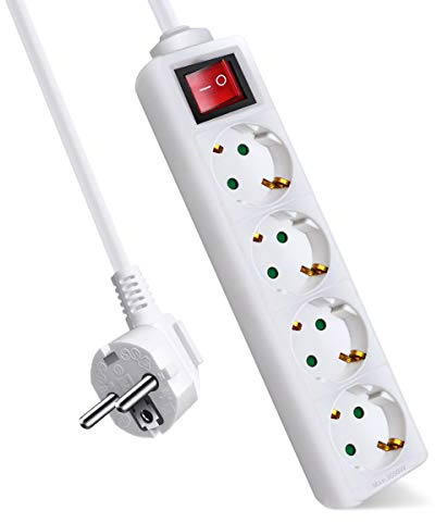 EXTRASTAR Regleta Alargador con 4 Enchufes e Interruptor, Cable 1.5M, para el hogar, Oficina y Viajes, 16A, 250V, 3680W, Blanco