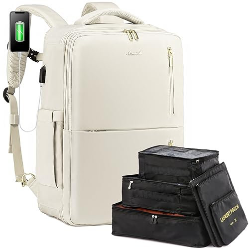 LOVEVOOK Rucksack Damen groß mit Schuhfach Nassfach & Laptopfach 17 Zoll, Reiserucksack Herren, Erweiterbarer Handgepäck Business 30-40l für Urlaub Ferien Wandern Reise, Beige