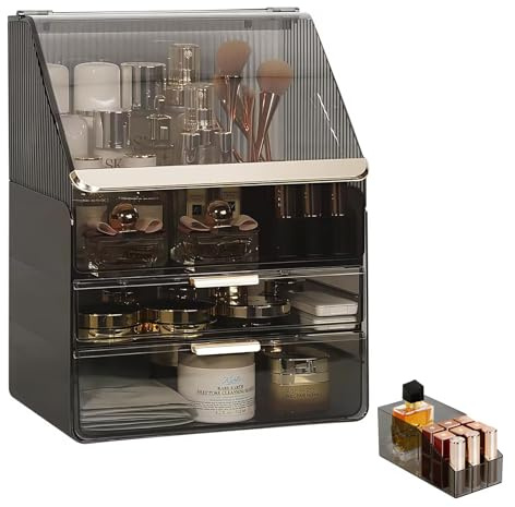 DASITON Make-Up Organizer mit Schubladen, Staubdichte Zweilagige Kosmetik Aufbewahrung mit Deckel, Große Schminktisch Organizer für Skincare und Cosmetic im Schlafzimmer, Bad (Grau)
