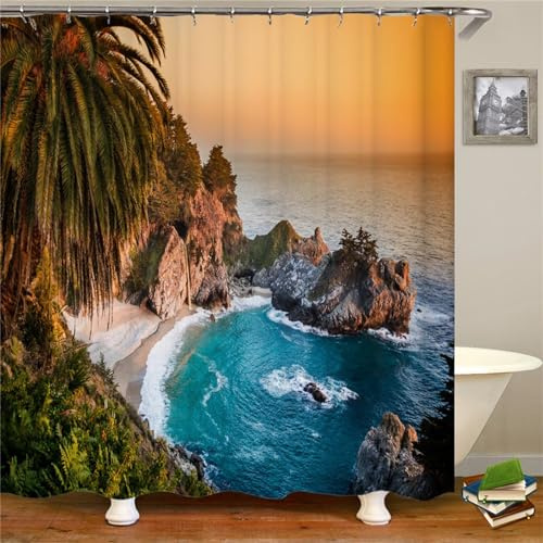 Guofuos Duschvorhang Strand Strand 120x120cm Duschvorhäng Anti Schimmel,Wasserabweisend Stoff Duschrollo Waschbar,3D Draussen Bad Vorhang Schnell Trocknend,Badewanne Badezimmer Decor Vorhänge