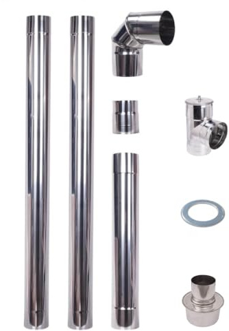Pellet Stove Exhaust Pipe Set 80mm INOX 304 Stainless Steel 1m Straight Chimney Liner 90°Elbow Tee Cleaning Plug Coupling Connector Rosette Increaser 80-130mm Heat-Resistant Single Wall Chrome-Nickel