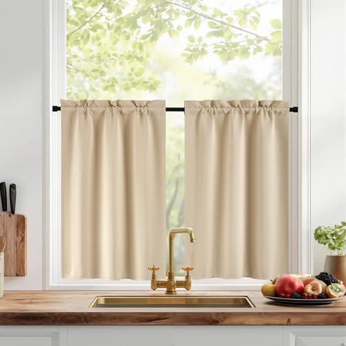 PONY DANCE Kurze Gardine Verdunkelung Scheibengardine Biscotti Beige | 2er Set H 120 x B 60 cm, Küchenvorhang Modern, Blickdichte Gardine, Vorhänge Wohnzimmer, Schrankvorhang, Hitzeschutz
