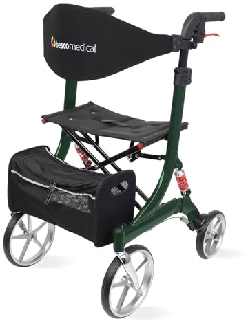Leichtgewicht-Rollator SPRING - Komfort-Federung - Modell L Jadegrün | höhenverstellbar & faltbar - Gehhilfe inkl. Netztasche & breitem Rückengurt - bequeme Sitzfläche - zusammenklappbar