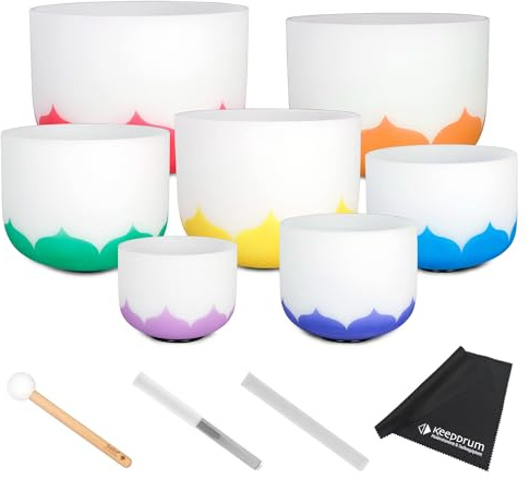 Sela Klangschalen SECLU-Set Crystal Singing Bowl Chakra Set Lotus 432 Hz + keepdrum Mikrofasertuch