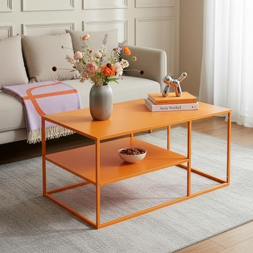[en.casa] Couchtisch Solund Beistelltisch Metall Orange Wohnzimmertisch mit Stauraum 90 x 60 x 45 cm Sofatisch rechteckig Kaffeetisch