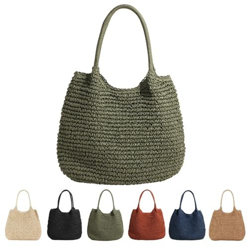 CXINLky Damen Sommer-Strohtasche, Sommer Stroh Shopper Strohtasche Große Kapazität Strandtasche Boho Geflochtene Tasche Korbtasche Tote Bag Straw Beach Bag