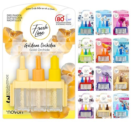 FRESH LINE® Duftstecker Nachfüller 3er Pack (3x7ml) – 3-Phasen-Wechsel – komp. zu 3VOLUTION – Lufterfrischer – 6 Düfte: Wildbeeren, Jasmin Limetten, Aprilfrisch, Goldene Orchidee, Vanille, Orchideen