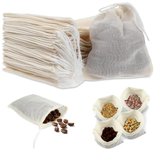 Gewürzsäckchen 40 Stück, 15 x 10cm Gewürzbeutel zum Mitkochen mit Kordelzug, Teebeutel zum Selbstbefüllen Wiederverwendbar, Baumwollsäckchen für Losen Tee, Kaffee, Filter, Gewürze