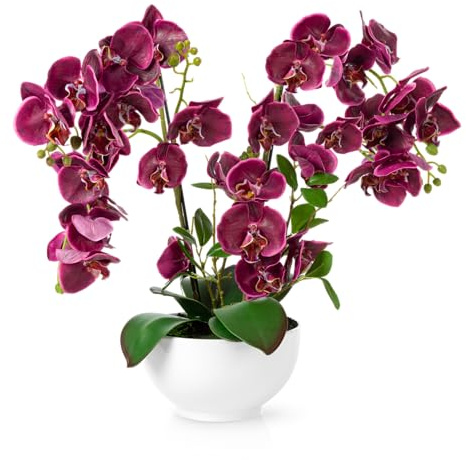 PASCH® XXL Kunstblume Orchidee Groß (56cm) in Hochglanz-Keramiktopf | Künstliche Orchideen im Topf | Kunstblumen Wie Echt | Purpur