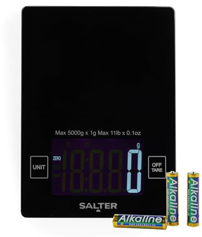 Salter Báscula de cocina de alta capacidad - capacidad de 10 kg, gran pantalla digital, función de agregar y pesar cero, mide líquidos, plataforma de vidrio, báscula para alimentos, SA00644FEU12