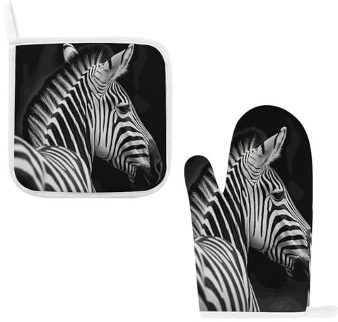 Black & White Zebra Printed Oven Mitts and Pot Holders Sets Heat Resistant Kitchen Glove Cooking Pads for Baking BBQ Cooking 11 * 5.7 Inches